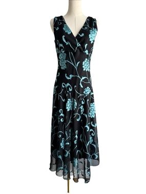 Vintage 90s Chiffon Dress Sz 8 Black Floral Overlay Midi Slip Dress Romantic